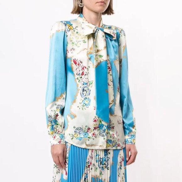 Tory Burch Printed Satin Bow Blouse Porcelain Floral Size 0 NEW NWT w/ flaws - Picture 3 of 15